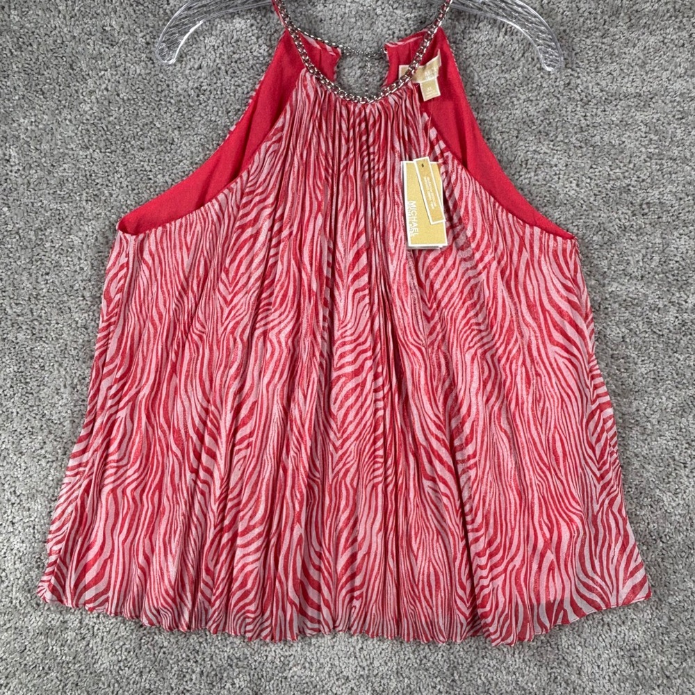 Michael Kors Geranium Zebra Pleated Halter Chain Top XL MS340G19GU NEW